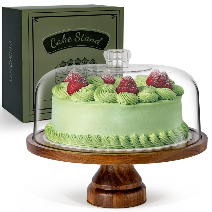 ANBOXIT cake stand with dome lid, showcasing elegant acacia wood for stylish party serving