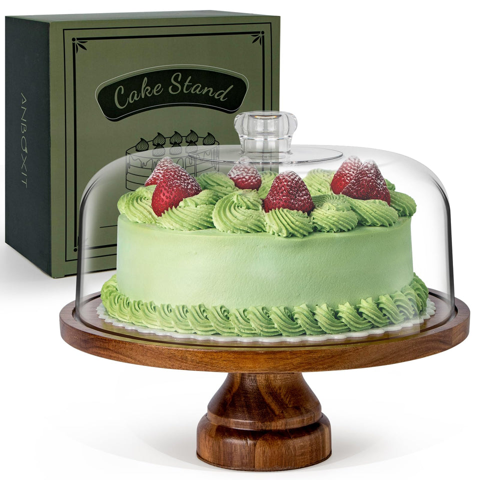 ANBOXIT cake stand with dome lid, showcasing elegant acacia wood for stylish party serving