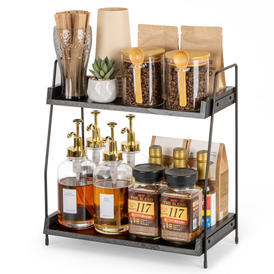 ANBOXIT coffee station 2-tier with wood and iron, ideal for organized counters.
