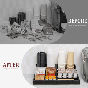 ANBOXIT coffee station organizer's large compartment holds mugs, spoons, sugars, and creams.