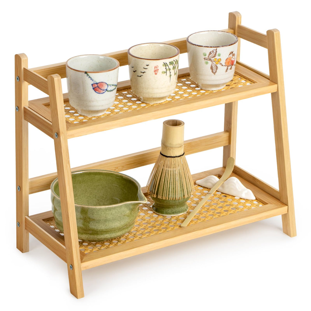 ANBOXIT rattan-look matcha station setup highlights warm bamboo and tidy shelves.