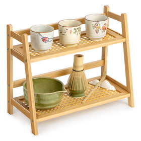 ANBOXIT rattan-look matcha station setup highlights warm bamboo and tidy shelves.