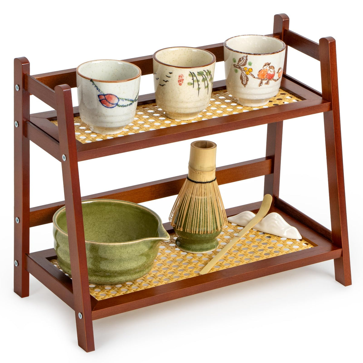ANBOXIT rattan-look matcha station organizer on kitchen counter keeps tools organized.