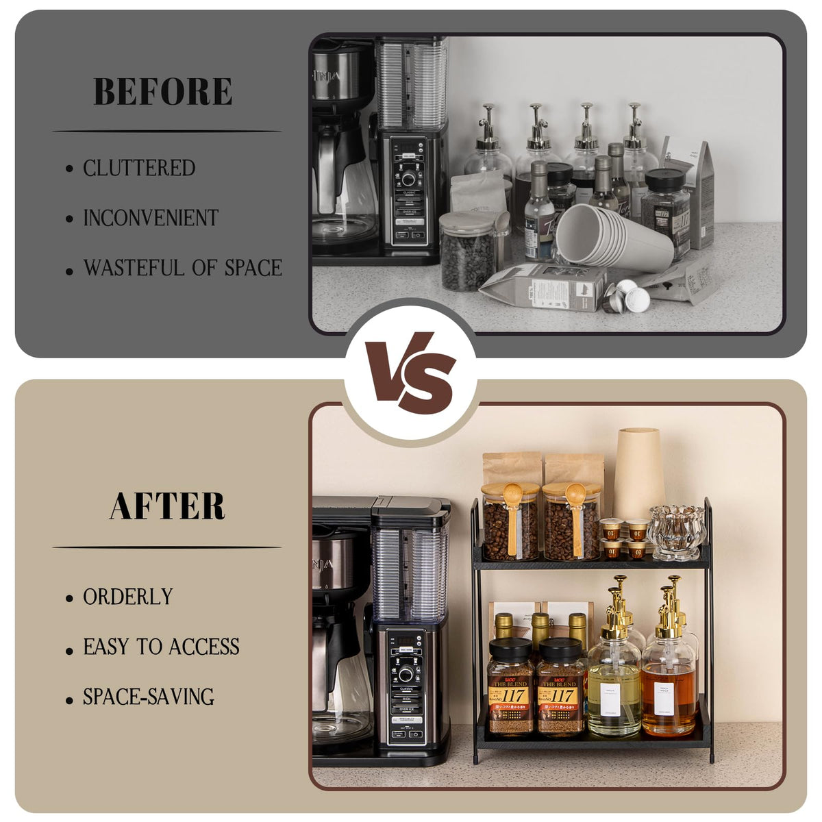 ANBOXIT top shelf stores coffee beans, cups, and syrups within easy reach.