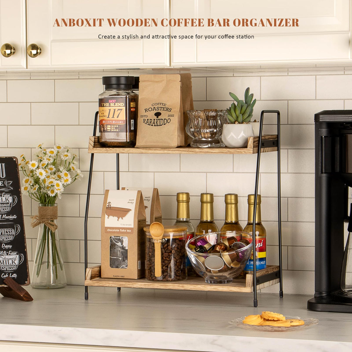 ANBOXIT wooden shelves for coffee bar accessories showcase warm rustic-modern storage