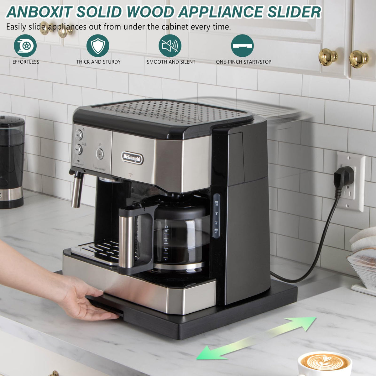 ANBOXIT wooden sliding tray under a coffee maker handles heavy loads smoothly