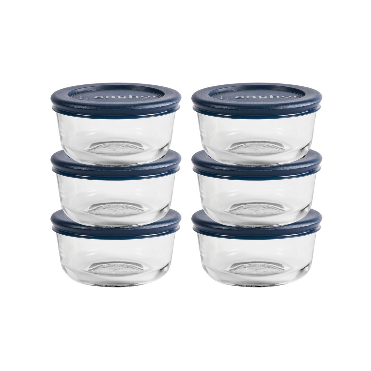 Anchor Hocking 1-cup glass storage container with navy lid, microwave-safe and top-rack dishwasher safe
