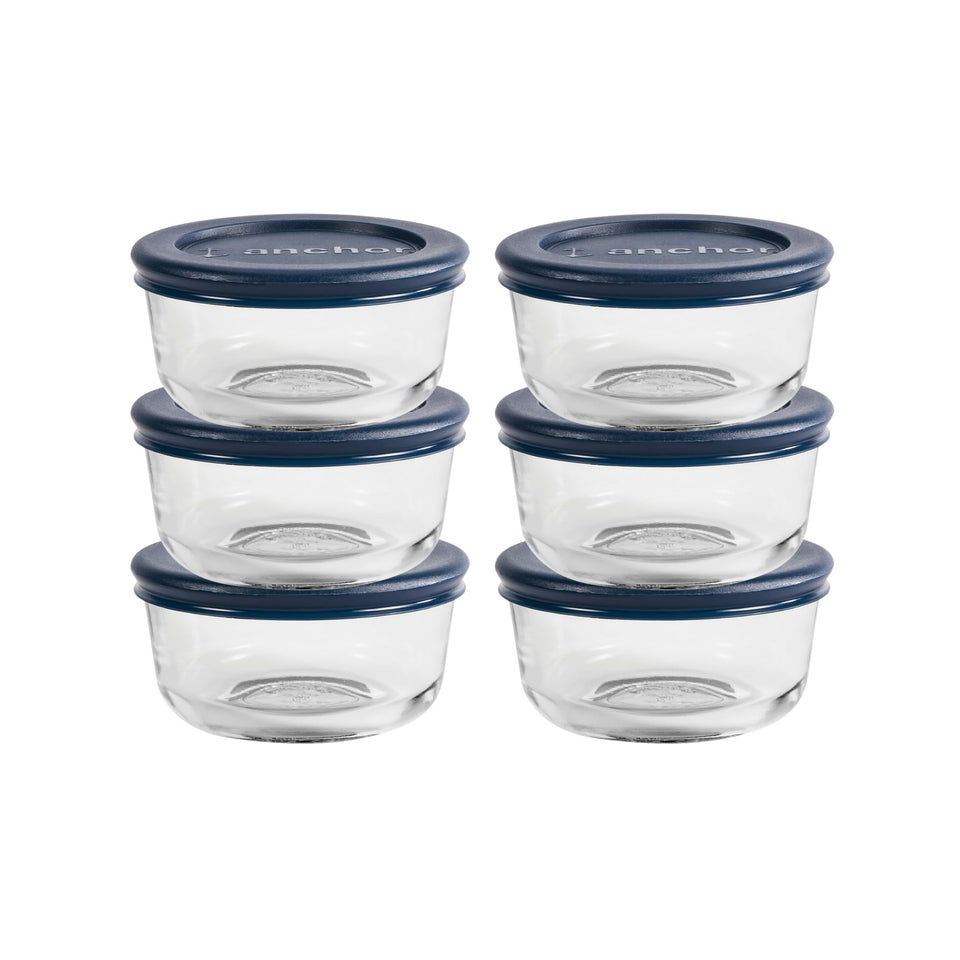 Anchor Hocking 1-cup glass storage container with navy lid, microwave-safe and top-rack dishwasher safe