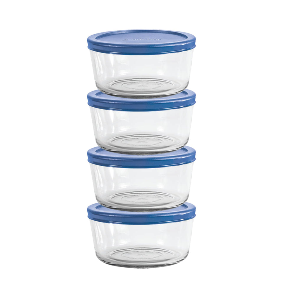 Anchor Hocking 2-cup glass storage with Blueberry SnugFit lid keeps leftovers fresh in the fridge.