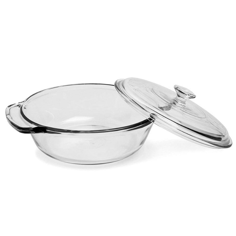 Anchor Hocking 2-quart glass casserole dish ready for baking and serving