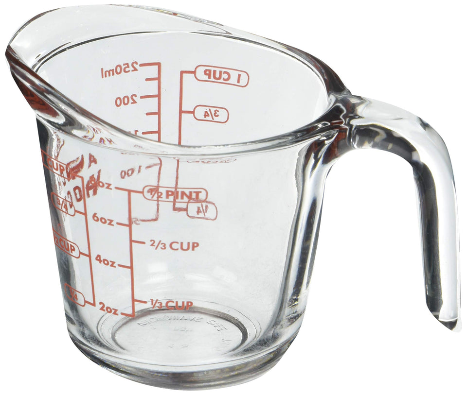 Anchor Hocking 8 oz decorated glass measuring cup with decorative pattern, ideal for precise kitchen prep