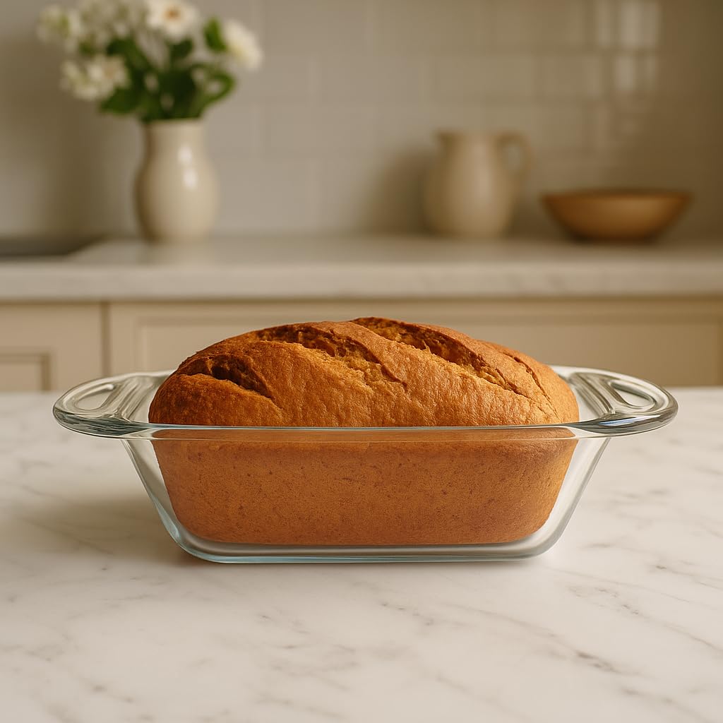 Anchor Hocking 5x9 glass loaf dish on kitchen counter.