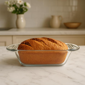 Anchor Hocking 5x9 glass loaf dish on kitchen counter.