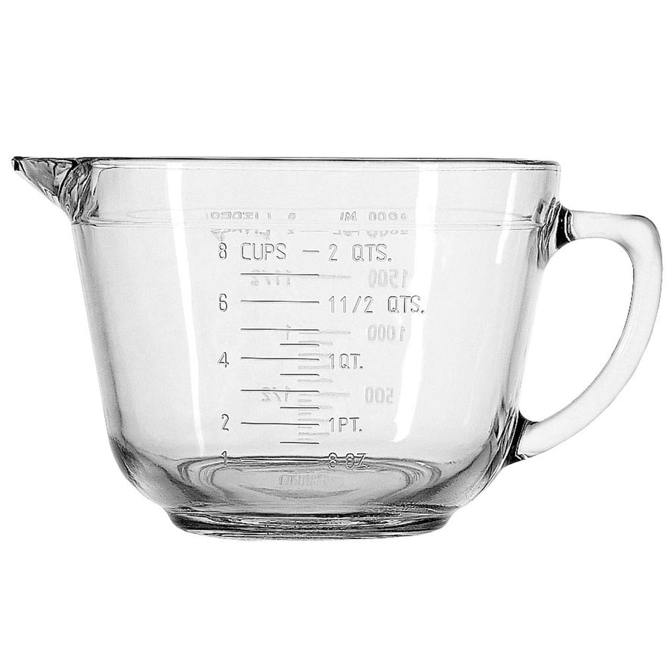 Anchor Hocking 2qt batter bowl with handle and pour spout for easy pouring.