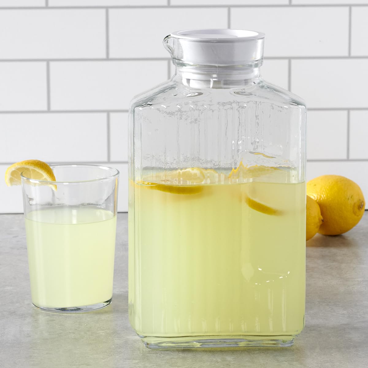 Anchor Hocking Bistro Pitcher built-in handle for easy pouring.