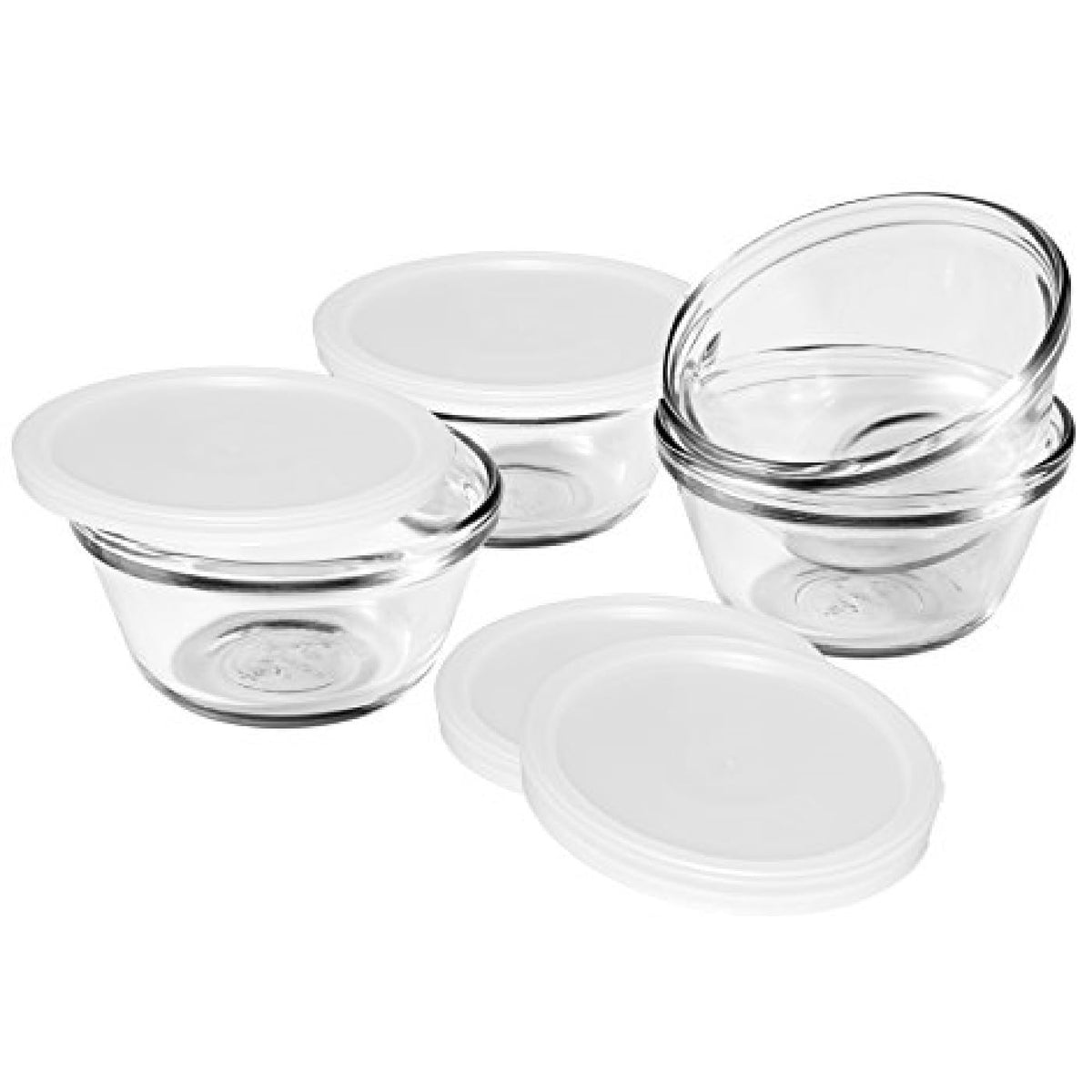 Anchor Hocking 6-ounce glass custard cups with lids for safe reheating and portion control.