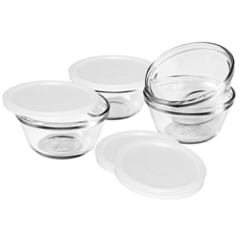 Anchor Hocking 6-ounce glass custard cups with lids for safe reheating and portion control.