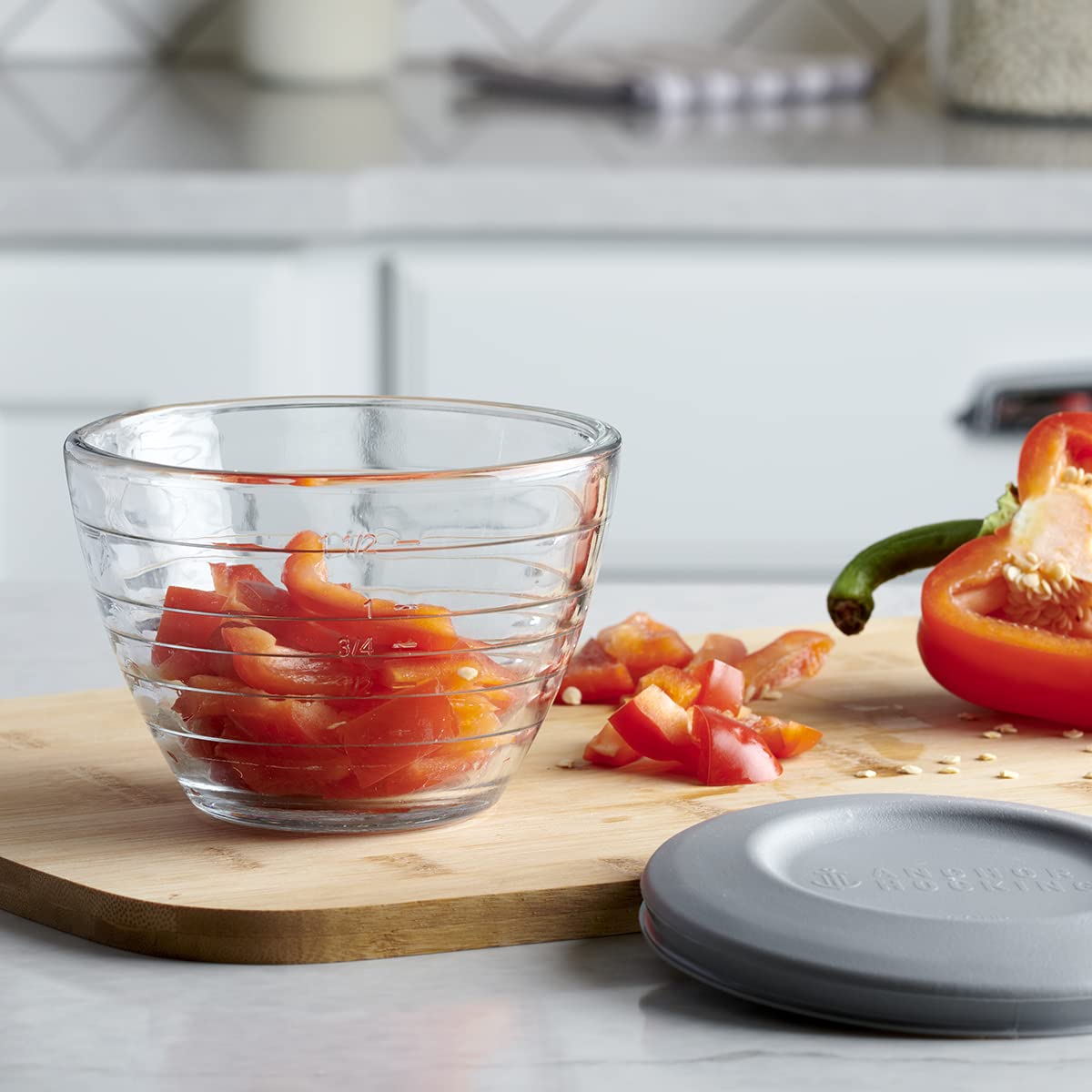 Anchor Hocking bowls showing etched 1-cup measurement ribs for quick sizing.