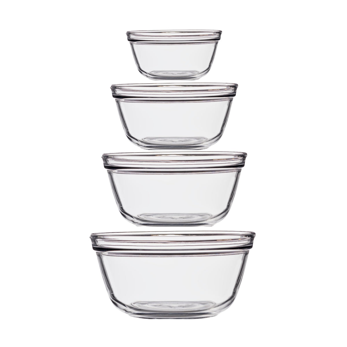 Anchor Hocking four-piece glass mixing bowls stacked for compact storage and easy prep.