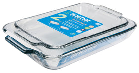 Anchor Hocking glass bake dish 2-quart, oven safe, easy cleanup and storage.