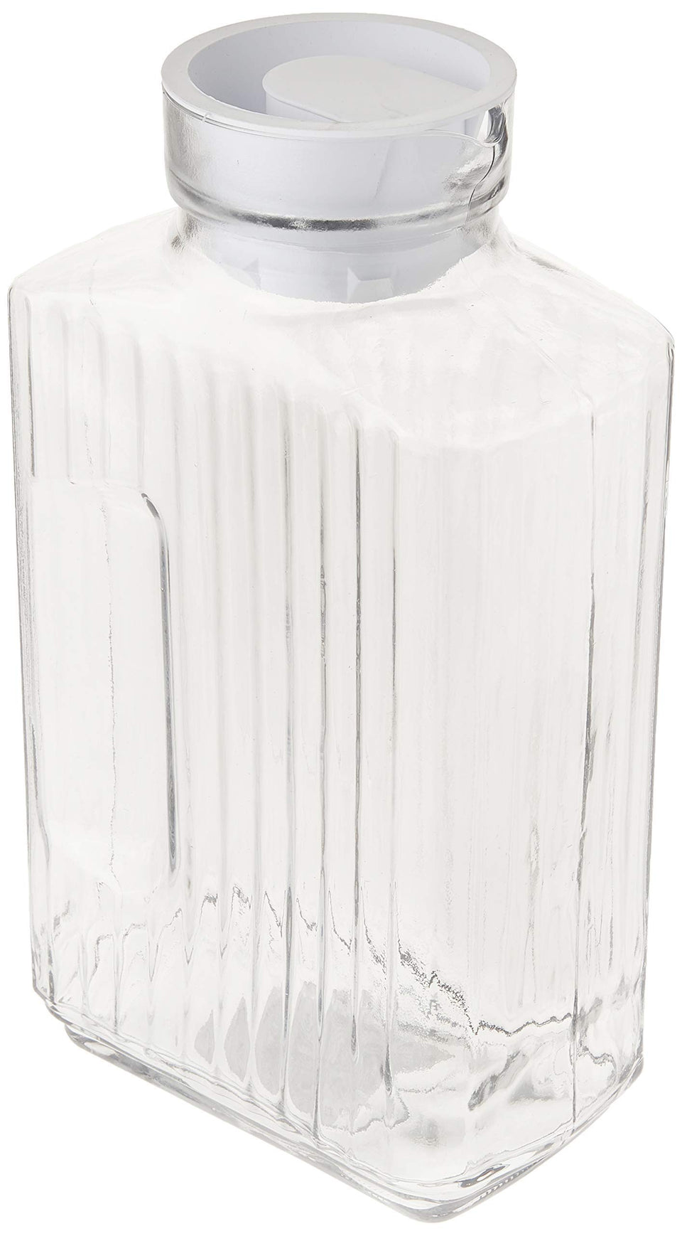 Anchor Hocking Bistro pitcher with white stopper offers spill-free serving and clear visibility.