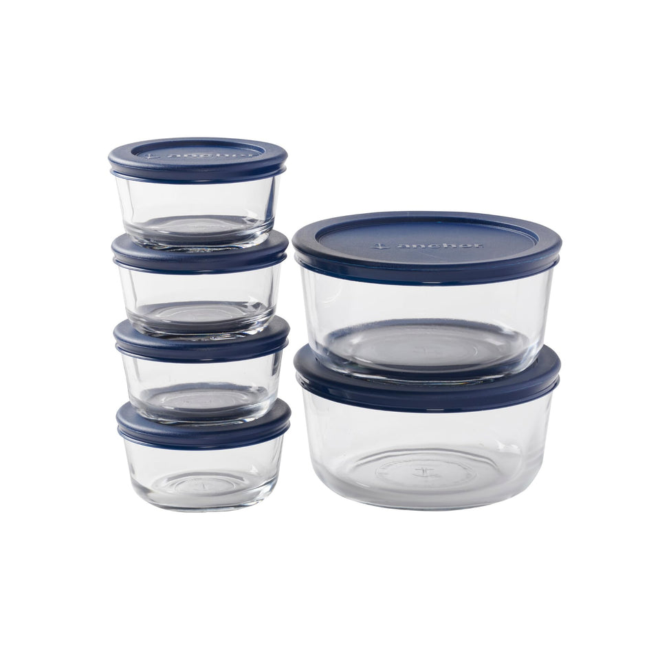 Anchor Hocking glass storage set front view with navy lids, ideal for meal prep
