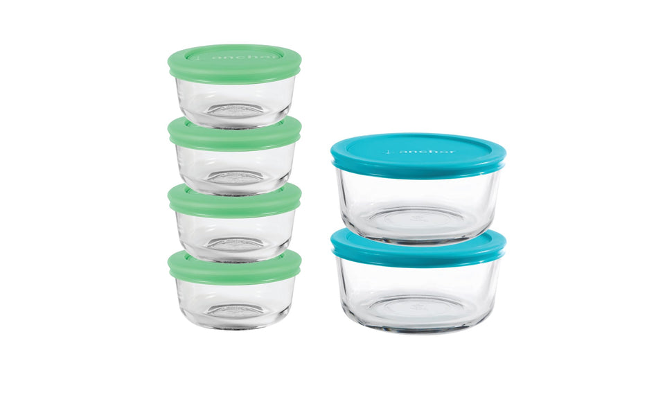 Anchor Hocking glass storage set with navy SnugFit lids for meal prep and freshness