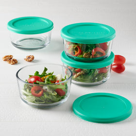 Anchor Hocking mint SnugFit lid on a glass container preserves freshness in the fridge.