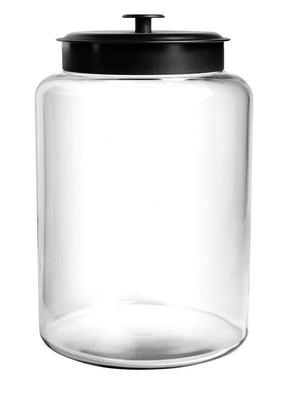 Anchor Hocking Montana 2.5-gallon jar with black lid for pantry storage and organization.