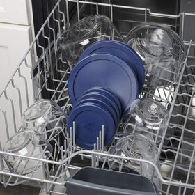 Navy snug-fit lids close tightly on Anchor Hocking containers