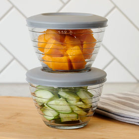 Anchor Hocking tempered glass bowls safe for oven reheating up to 425°F.