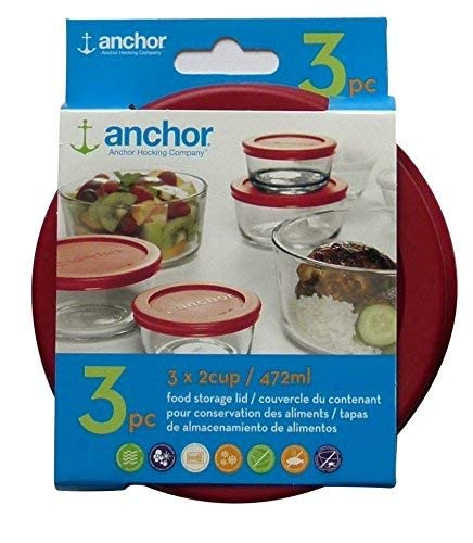Three red replacement lids for Anchor Hocking 2-cup rounds, ideal for multi-use storage.