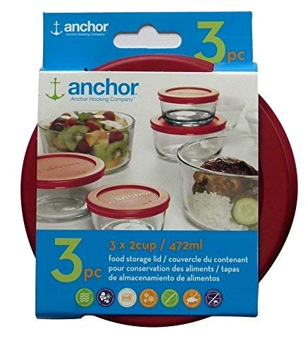 Anchor Hocking red replacement lid for 2-cup round containers, helps identify contents.