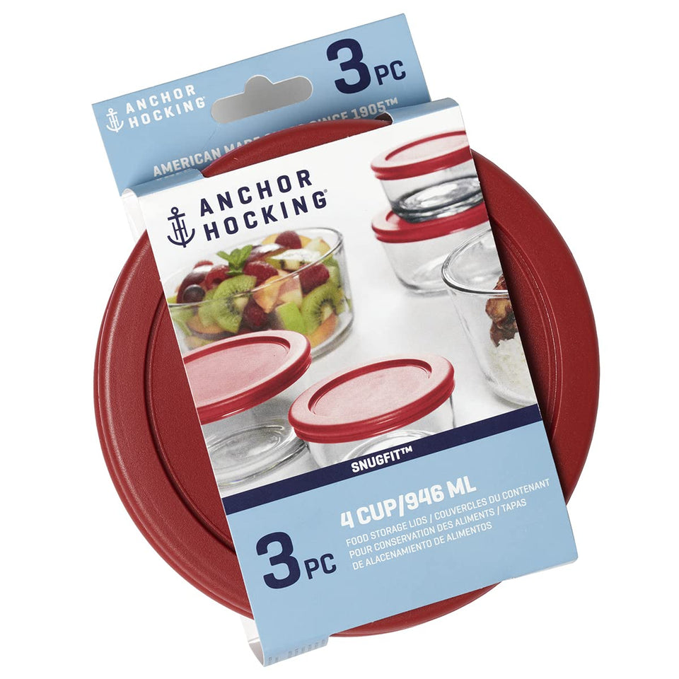 Anchor Hocking replacement lids for 4-cup round containers provide an airtight seal for fridge storage.