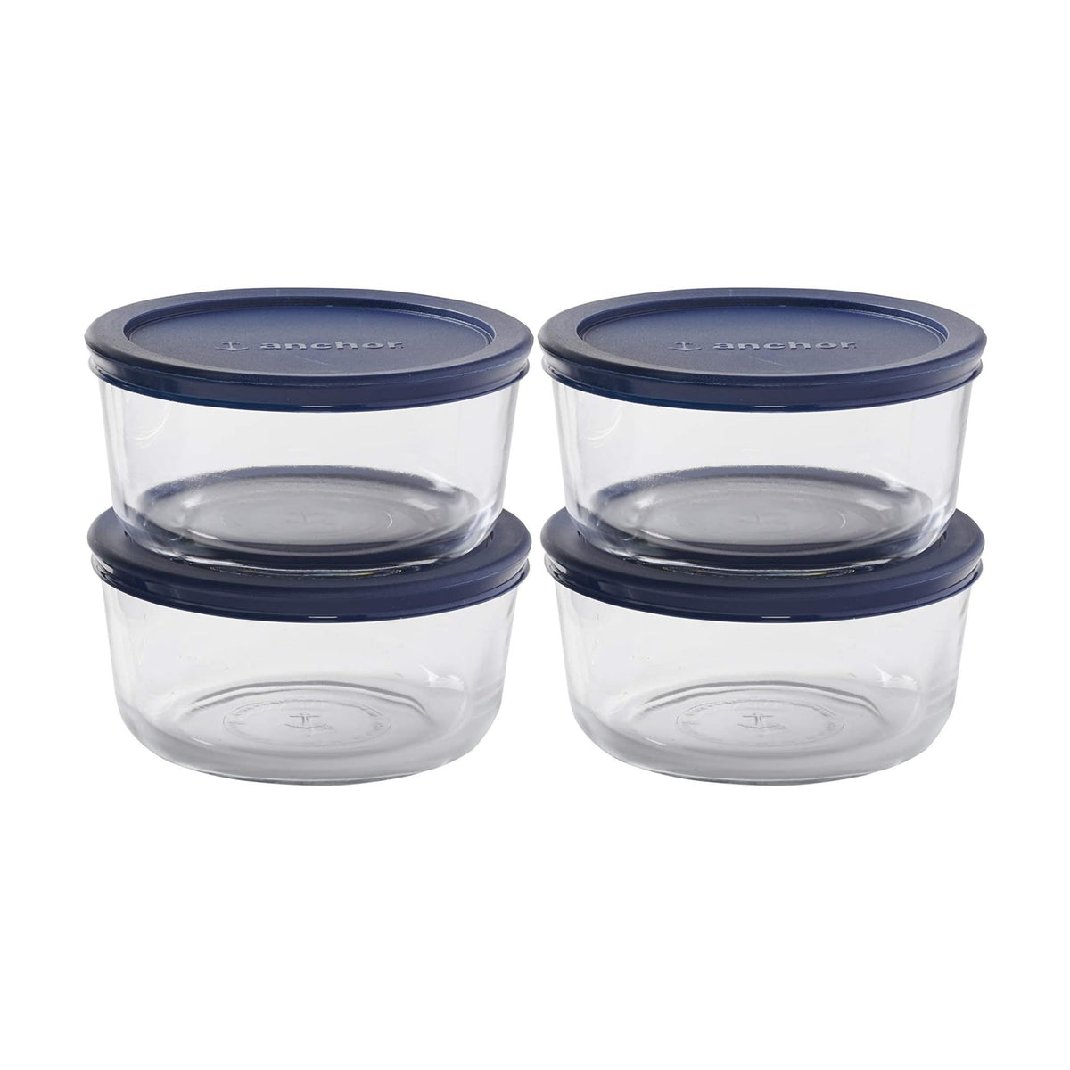 Anchor Hocking SnugFit 4-Cup Round Container with navy lids for meal prep and secure seal.