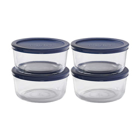 Anchor Hocking SnugFit 4-Cup Round Container with navy lids for meal prep and secure seal.