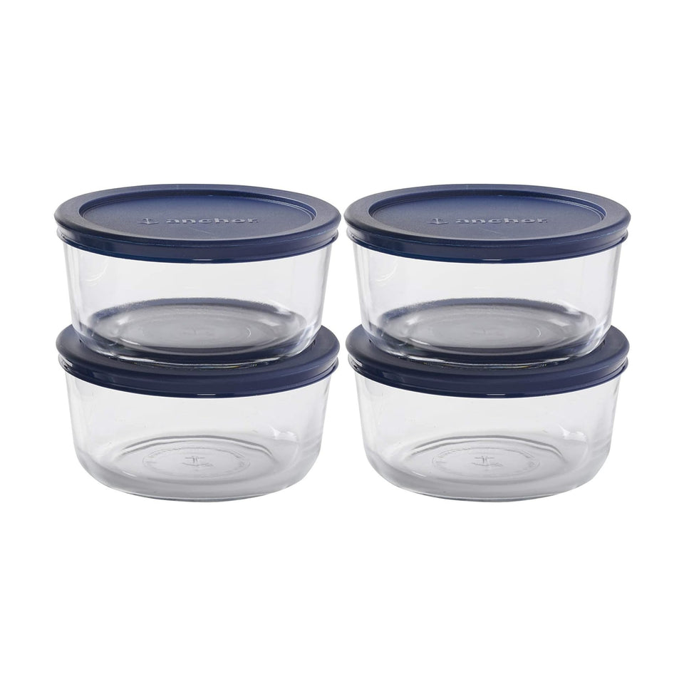 Anchor Hocking SnugFit 4-Cup Round Container with navy lids for meal prep and secure seal.