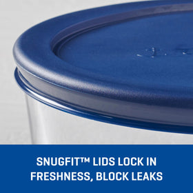 Anchor Hocking SnugFit lid closeup showing navy-blue seal for spill-free transport.