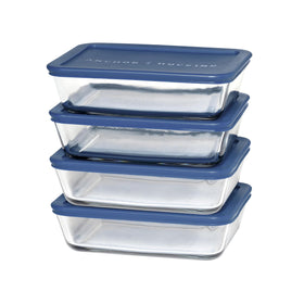 Anchor Hocking SnugFit rectangular glass container with navy blue lid, ideal for meal prep