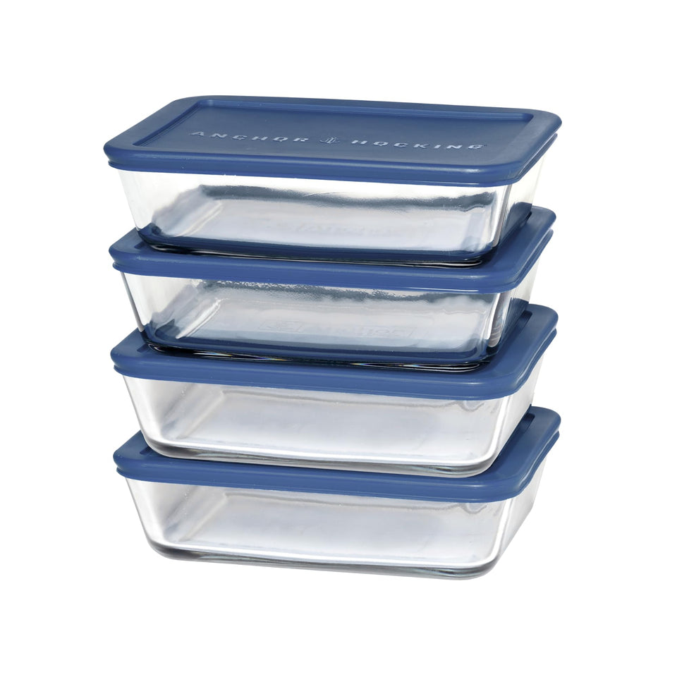 Anchor Hocking SnugFit rectangular glass container with navy blue lid, ideal for meal prep