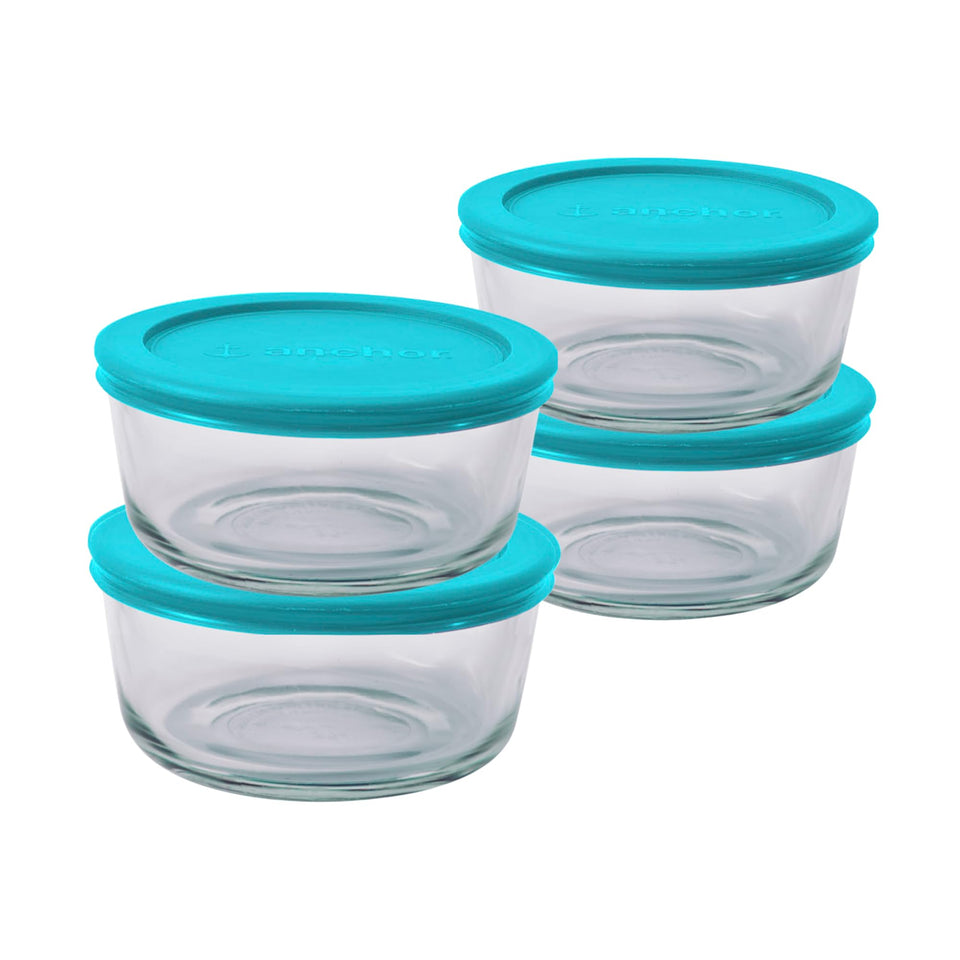 Anchor Hocking SnugFit round container with teal lid keeps leftovers fresh for 4 cups