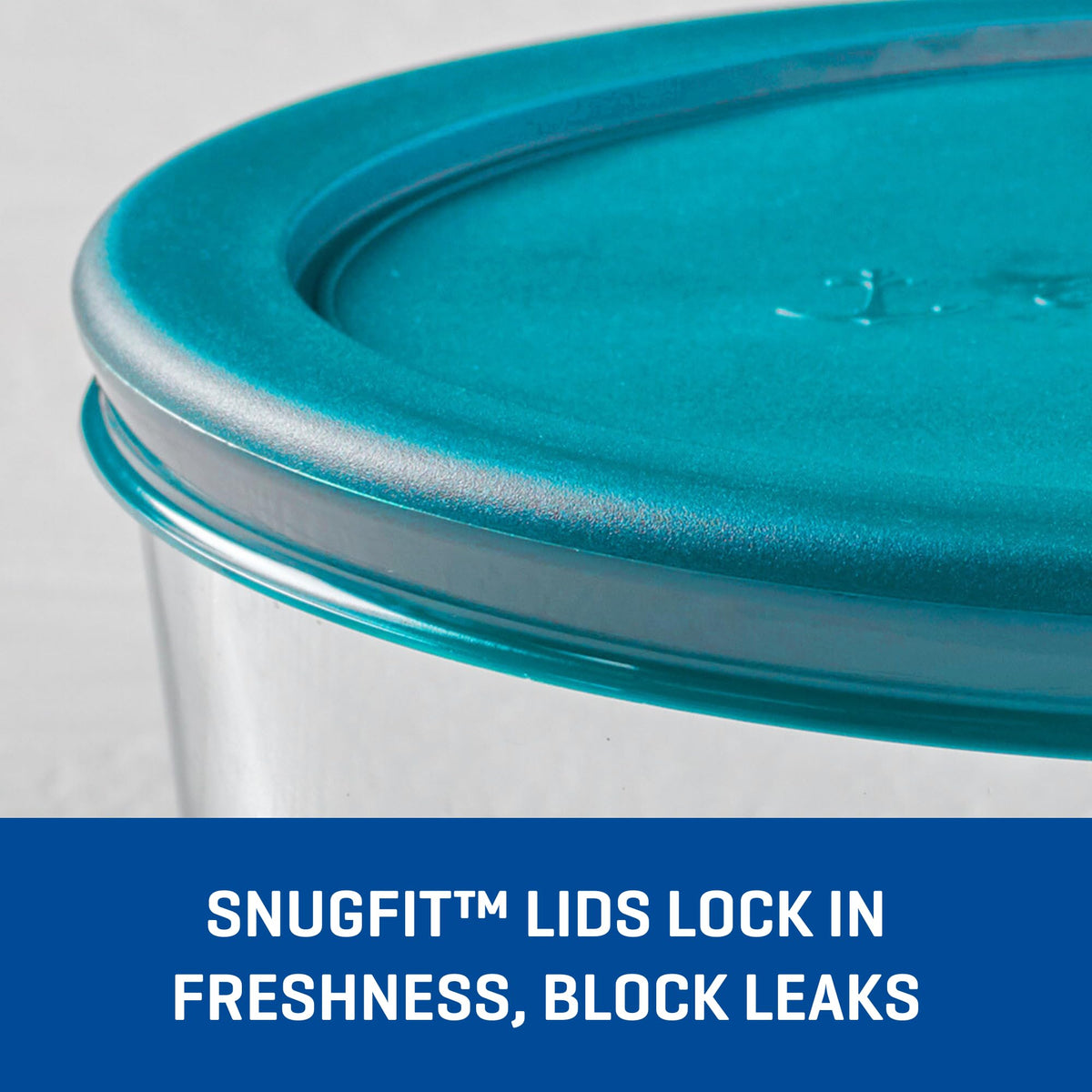 Anchor Hocking SnugFit teal-lid round container ideal for meal prep and storage