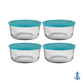 Closeup of teal SnugFit lid sealing glass container