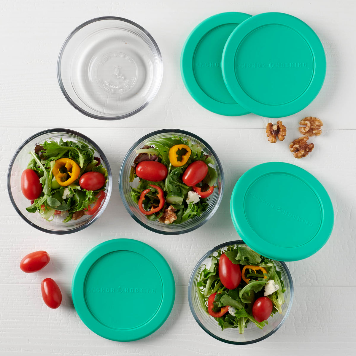 Anchor Hocking stackable glass storage saves cabinet space and keeps foods tidy.