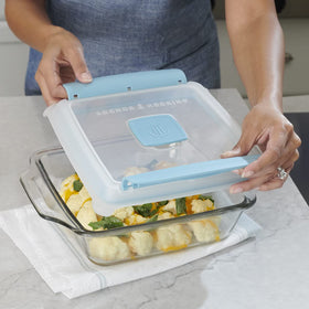 Anchor Hocking tempered-glass dish highlights nonporous surface and durability.