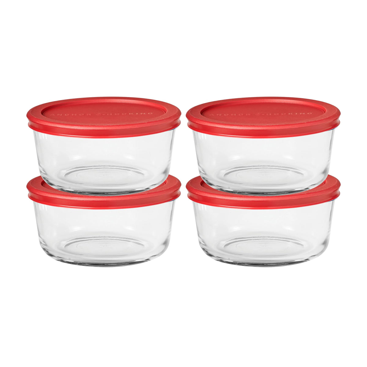 Anchor Hocking SnugFit 4-cup round glass containers ideal for meal prep.