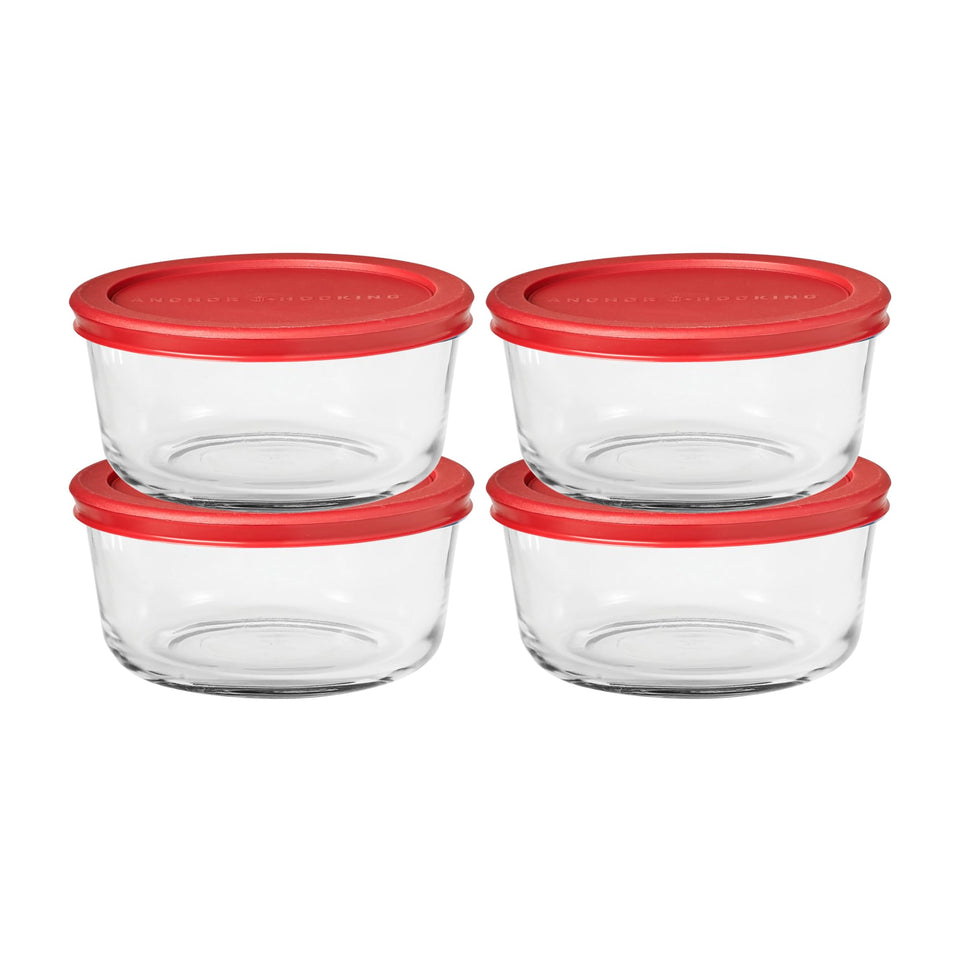 Anchor Hocking SnugFit 4-cup round glass containers ideal for meal prep.
