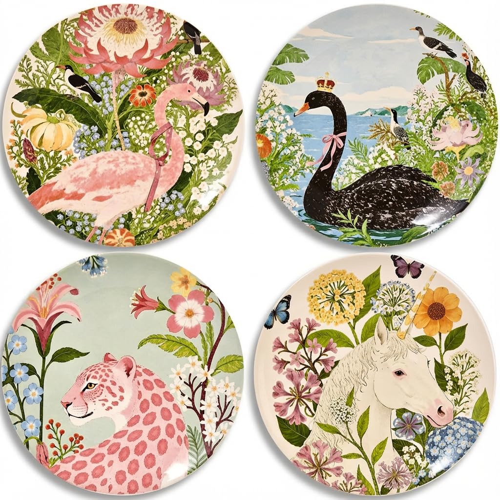 ANCYDPMI 4-piece ceramic plates with flamingo design for stylish dining and everyday use.