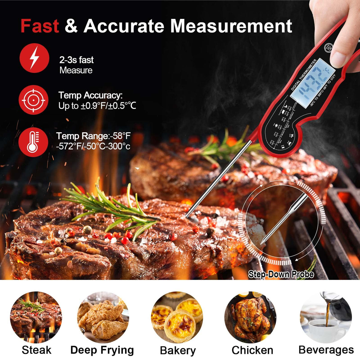 Andaxin meat thermometer backlight display enables clear temps during evening barbecues.
