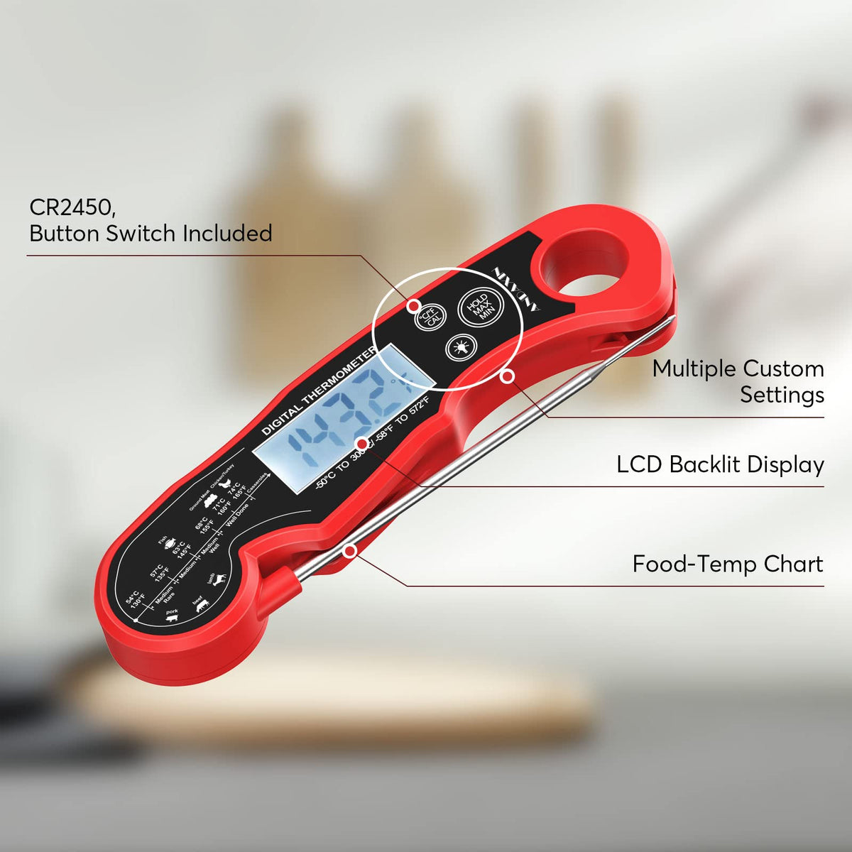 Andaxin meat thermometer digital readout provides ultra-fast temperature checks for precise cooking.
